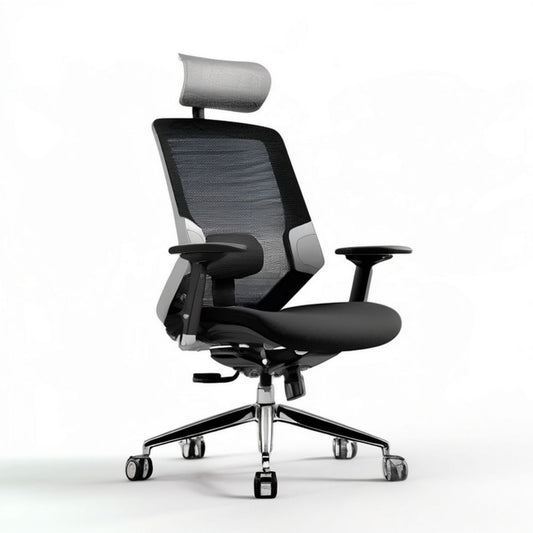 Ergonomischer Bürostuhl mit Kopfstütze, Netzrücken und Armlehnen, Schwarz/Grau/Silber, 68 x 68 x 118–128 cm