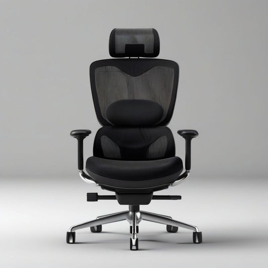 Ergonomischer Bürostuhl mit Kopfstütze und Lendenstütze, Schwarz/Silber, 66 x 66 x 117–127 cm