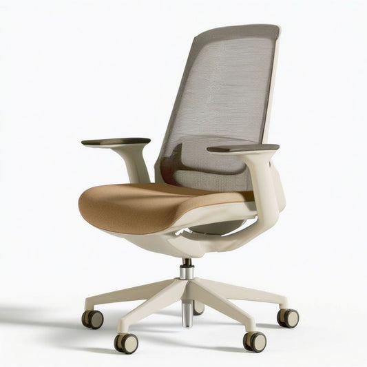 Bürodrehstuhl mit Netzrücken, Armlehnen und Rollen, Beige/Weiss, 66 × 66 × 110–118 cm