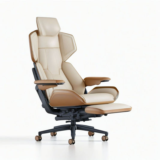 Bürostuhl mit ausziehbarer Fussstütze, hoher Rückenlehne und Rollen, Beige/Braun/Schwarz, 70 x 70 x 120–130 cm