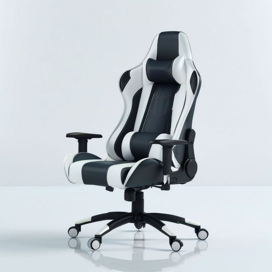 Gamingstuhl mit Fussstütze, 68 x 68 x 125–135 cm, Schwarz/Weiss, PU-Kunstleder