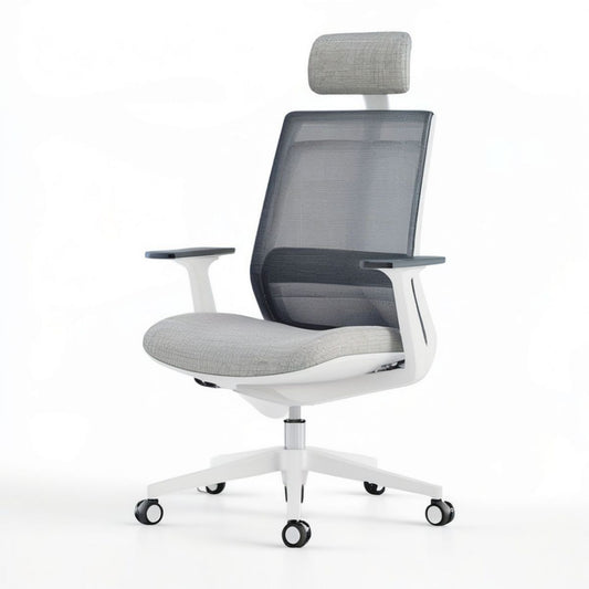 Ergonomischer Drehstuhl mit Kopfstütze, Netzrücken und Armlehnen, Grau/Anthrazit/Weiss, 68 x 68 x 116–126 cm
