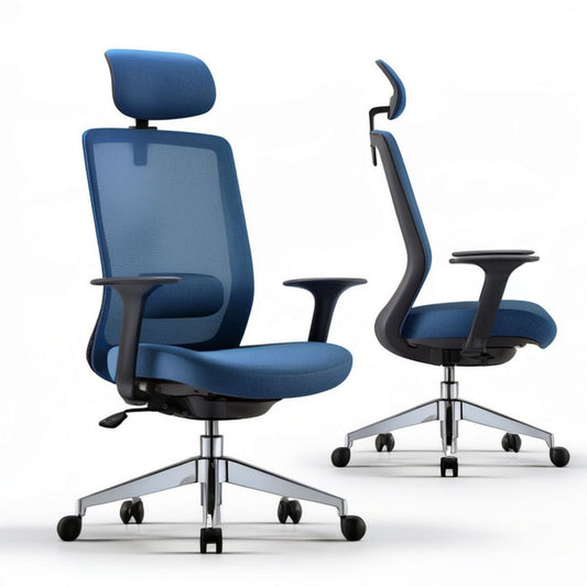 Ergonomischer Bürodrehstuhl mit Kopfstütze und Armlehnen, Blau/Schwarz/Silber, 66 x 66 x 118–128 cm