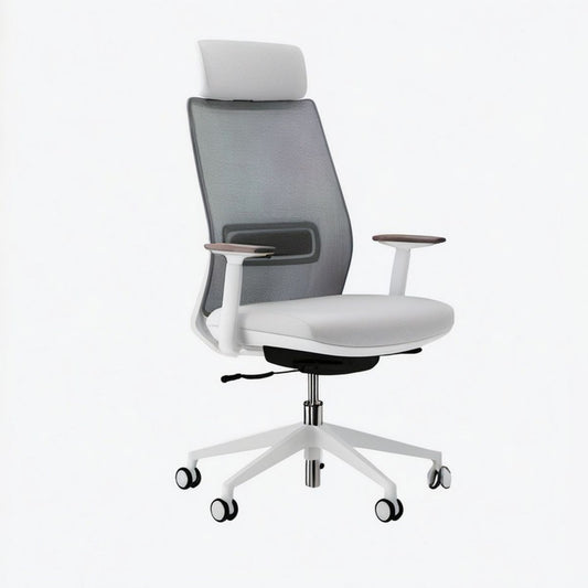 Ergonomischer Drehstuhl mit Kopfstütze, Netzrücken und Armlehnen, Grau/Weiss/Braun, 65 x 65 x 118–128 cm