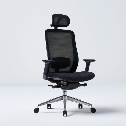 Ergonomischer Drehstuhl mit Kopfstütze, 68 x 68 x 118–128 cm, Schwarz/Silber