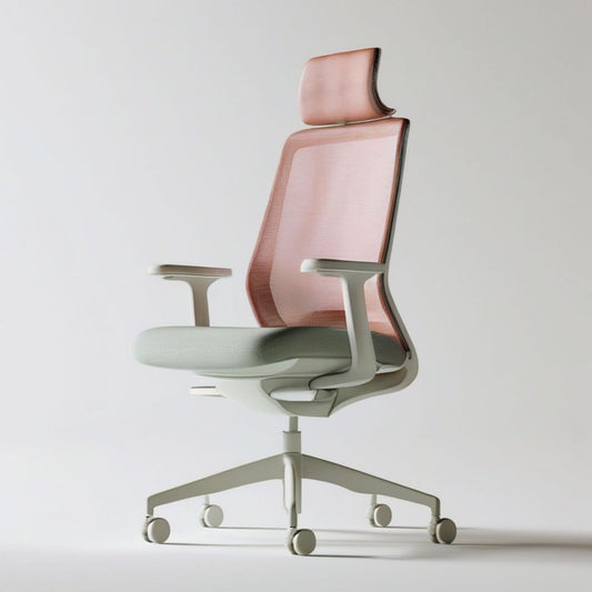 Ergonomischer Bürostuhl mit Kopfstütze, Netzrücken und Armlehnen, Rosa/Weiss, 66 x 66 x 118–128 cm